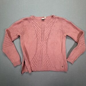 Roxy Sweater Women L Good Pink Cable Knit Side‎ Zip Cotton Wool Blend Pullover